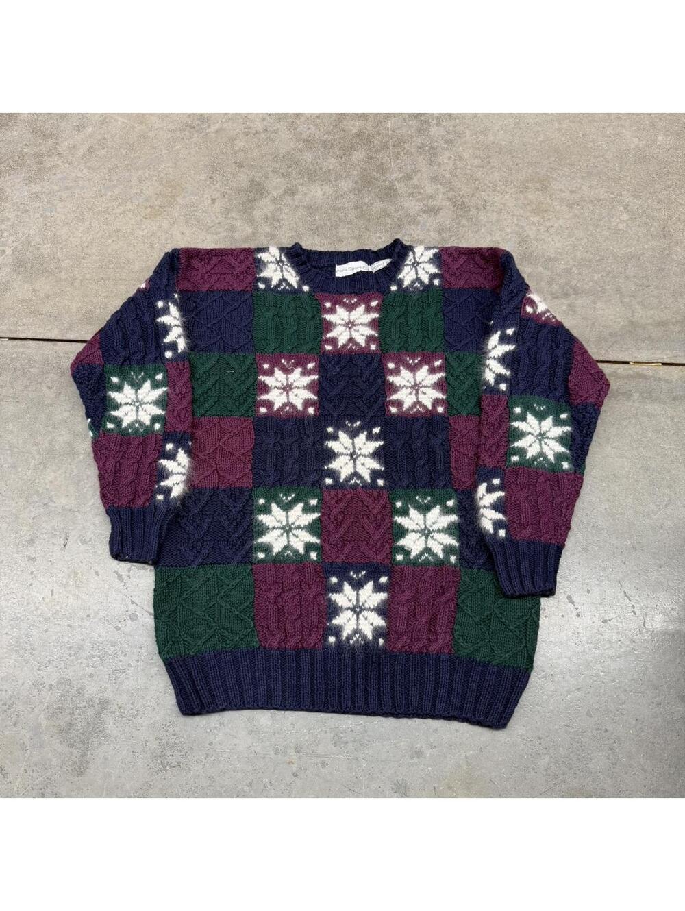 vintage burgandy navy and green snow flake knit sweater size medium